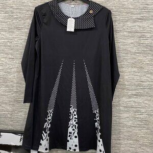 Black Long-Sleeve Tunic Dress With Polka Dot Collar & Abstract White Print NWT